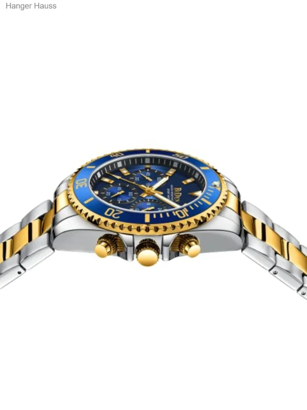 Men's Chronograph Watch Stainless Steel Gold Blue Waterproof Analog Quartz